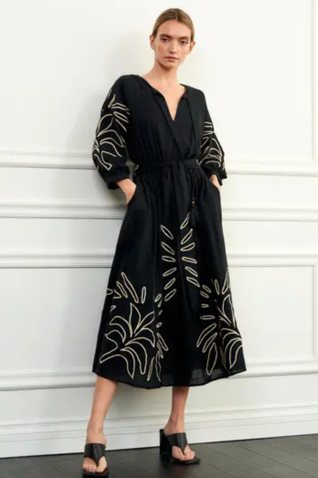 Black Eliza Embroidered Midi Dress – April Blooms