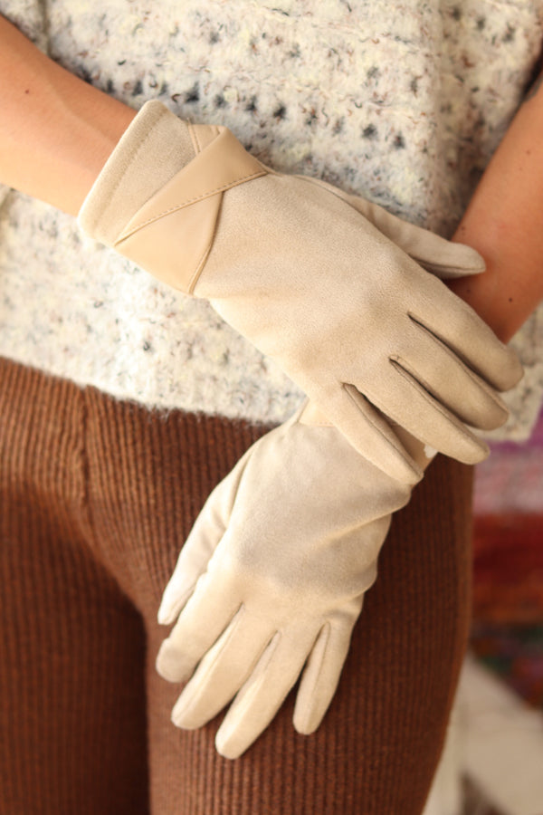 Beige Gloves with Twisted Faux Leather Accent