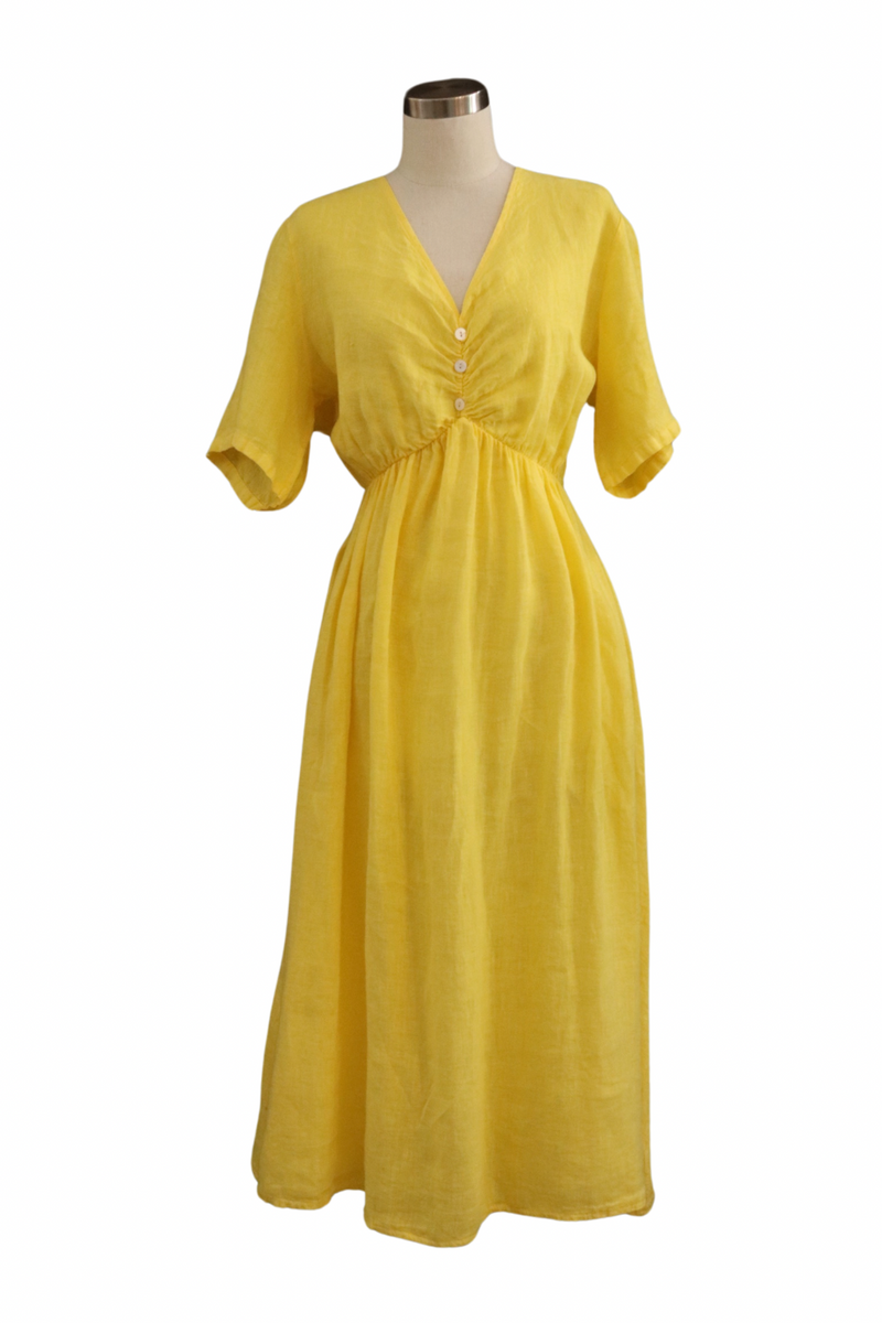 Yellow Three Button Linen Dress