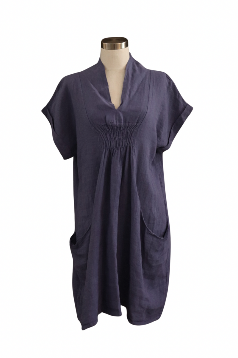 Indigo Linen Short Sleeve Dress