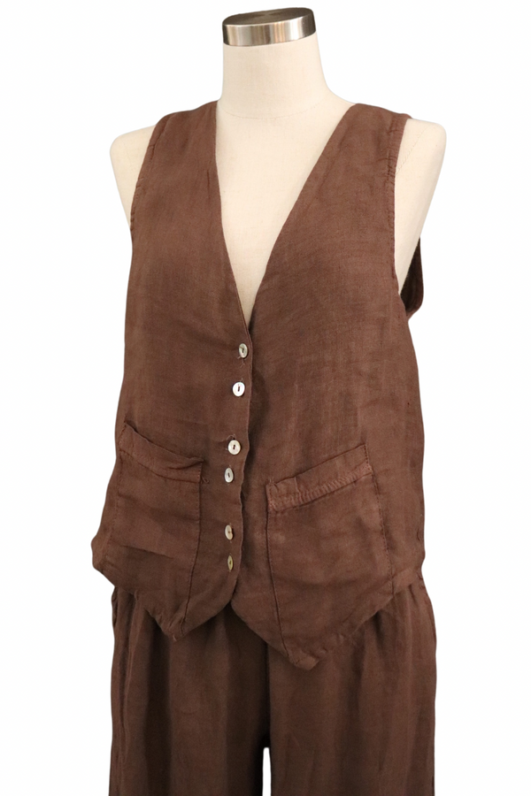 Dark Brown Sleeveless Linen Vest