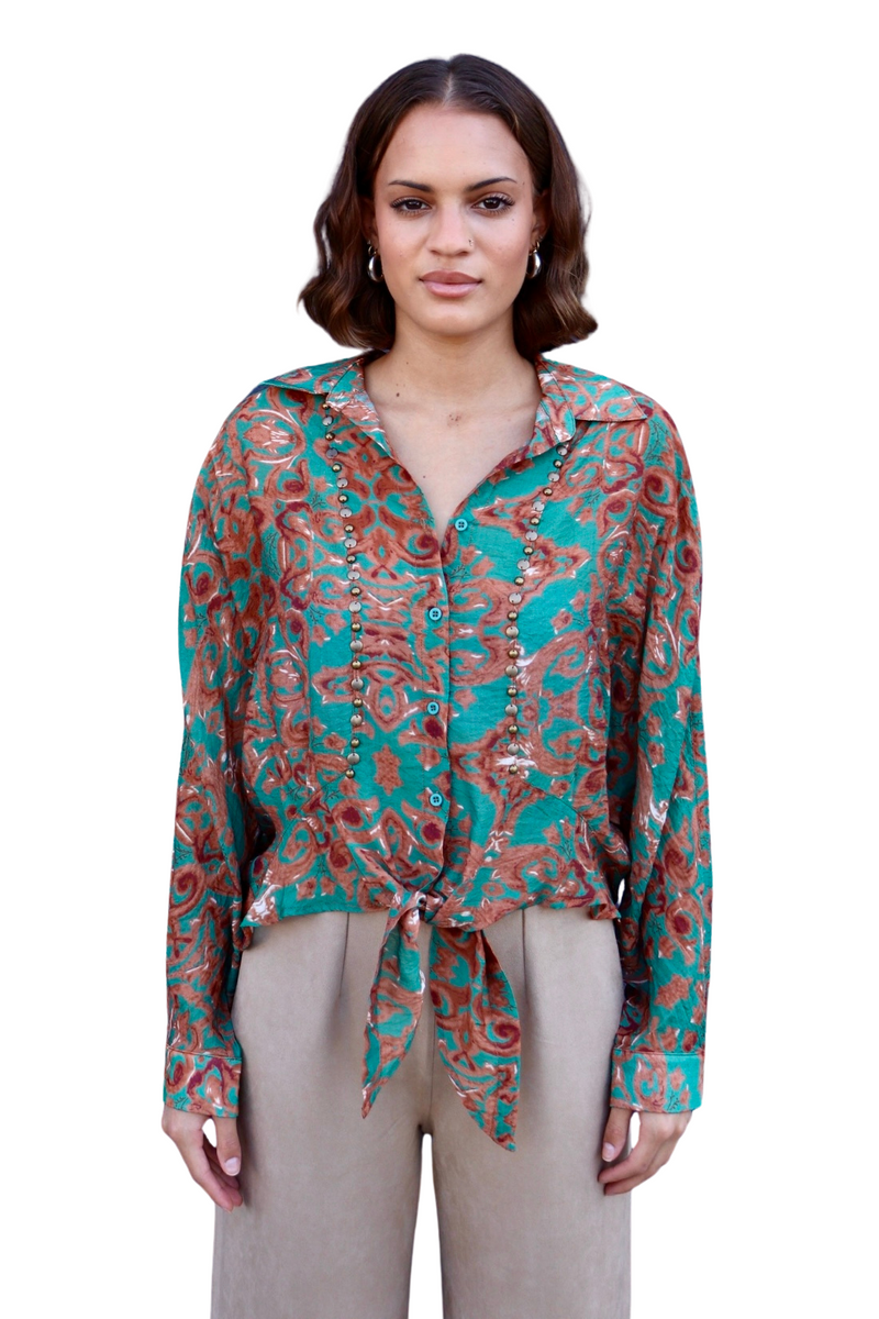 Green Print Front Tie Top