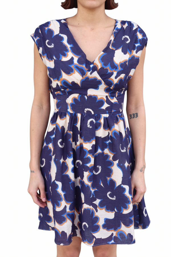 Navy Multi Flora V Neck Fit & Flare Mini Dress