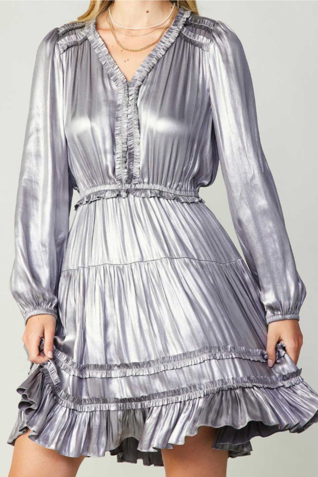 Silver Metallic Long Sleeve Split Neck Dress