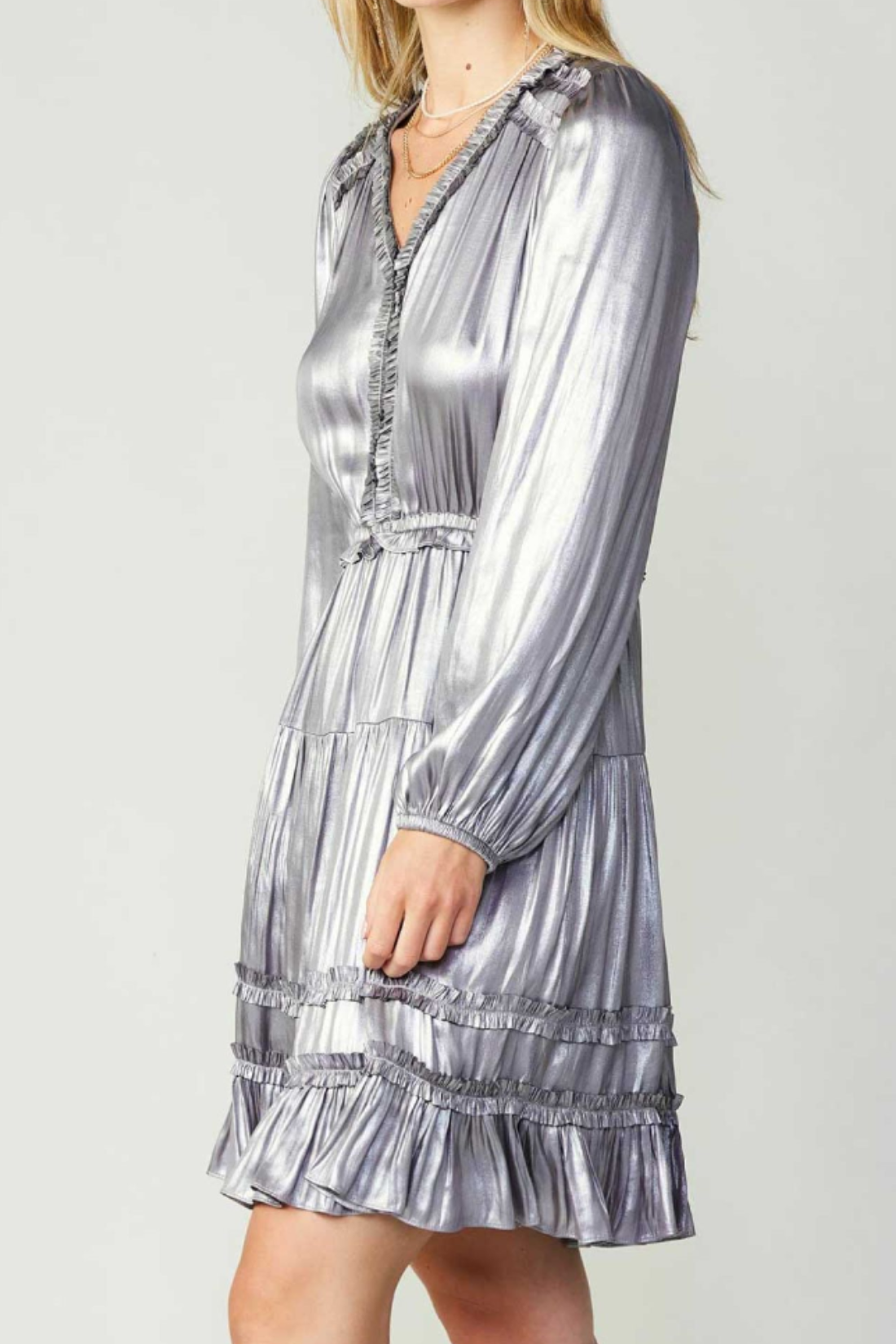 Silver Metallic Long Sleeve Split Neck Dress