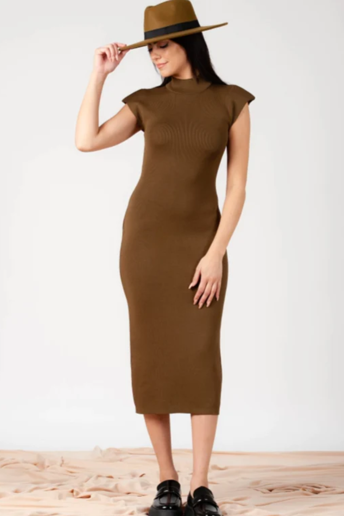 Mud Brown Mock Neck Shoulder pad Knit Dress