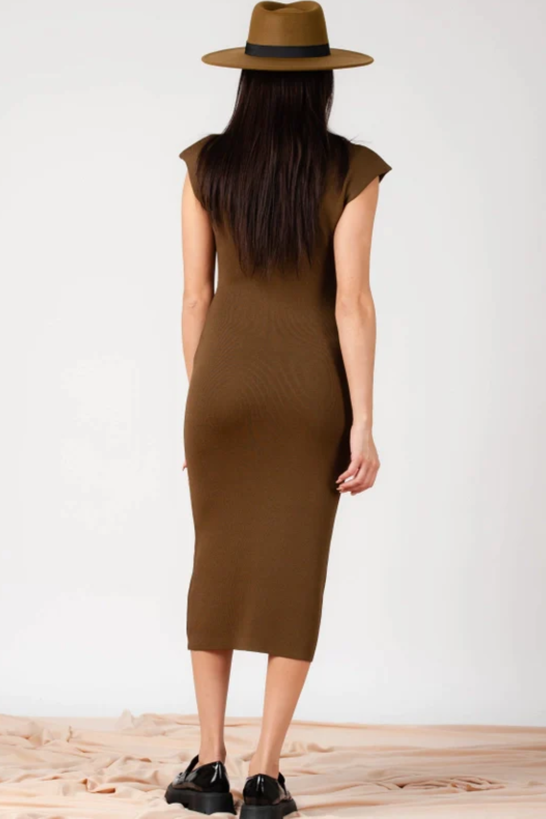 Mud Brown Mock Neck Shoulder pad Knit Dress