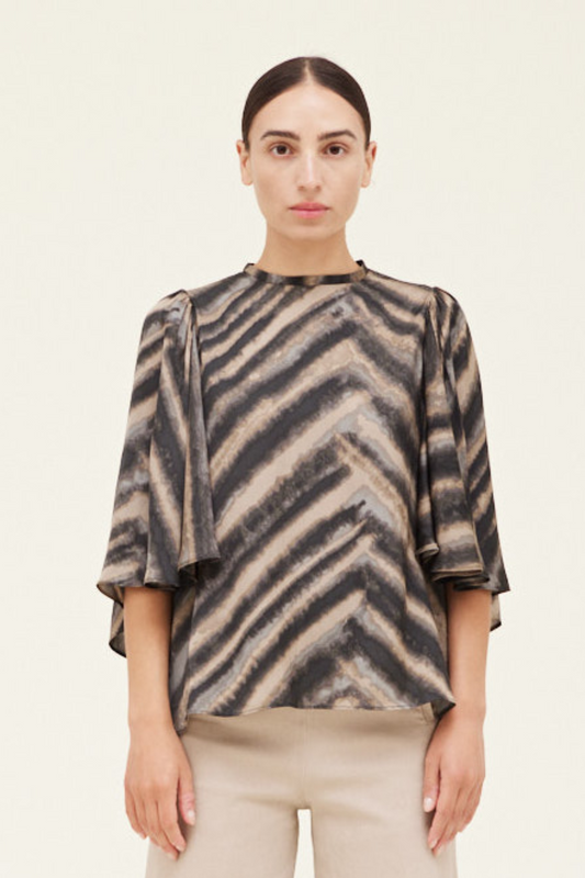 Slate Multi Print Pleated Sleeve Top