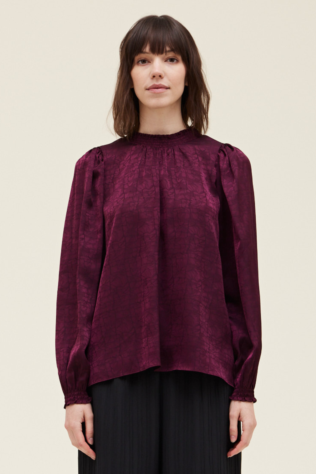 Plum Wine Crackle High Neck Long Sleeve Top