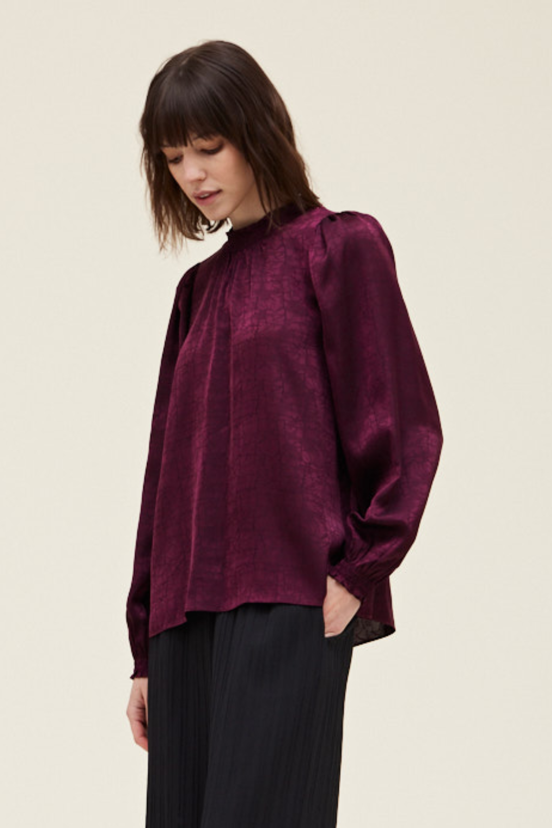 Plum Wine Crackle High Neck Long Sleeve Top