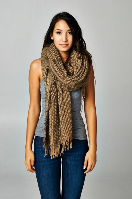 Khaki Cross Hatch Weave Scarf with Fringe