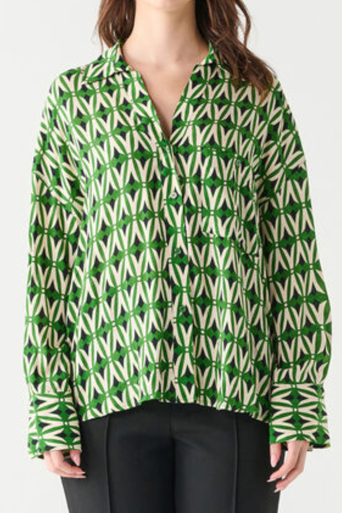 Green Print Long Sleeve Button Front Top