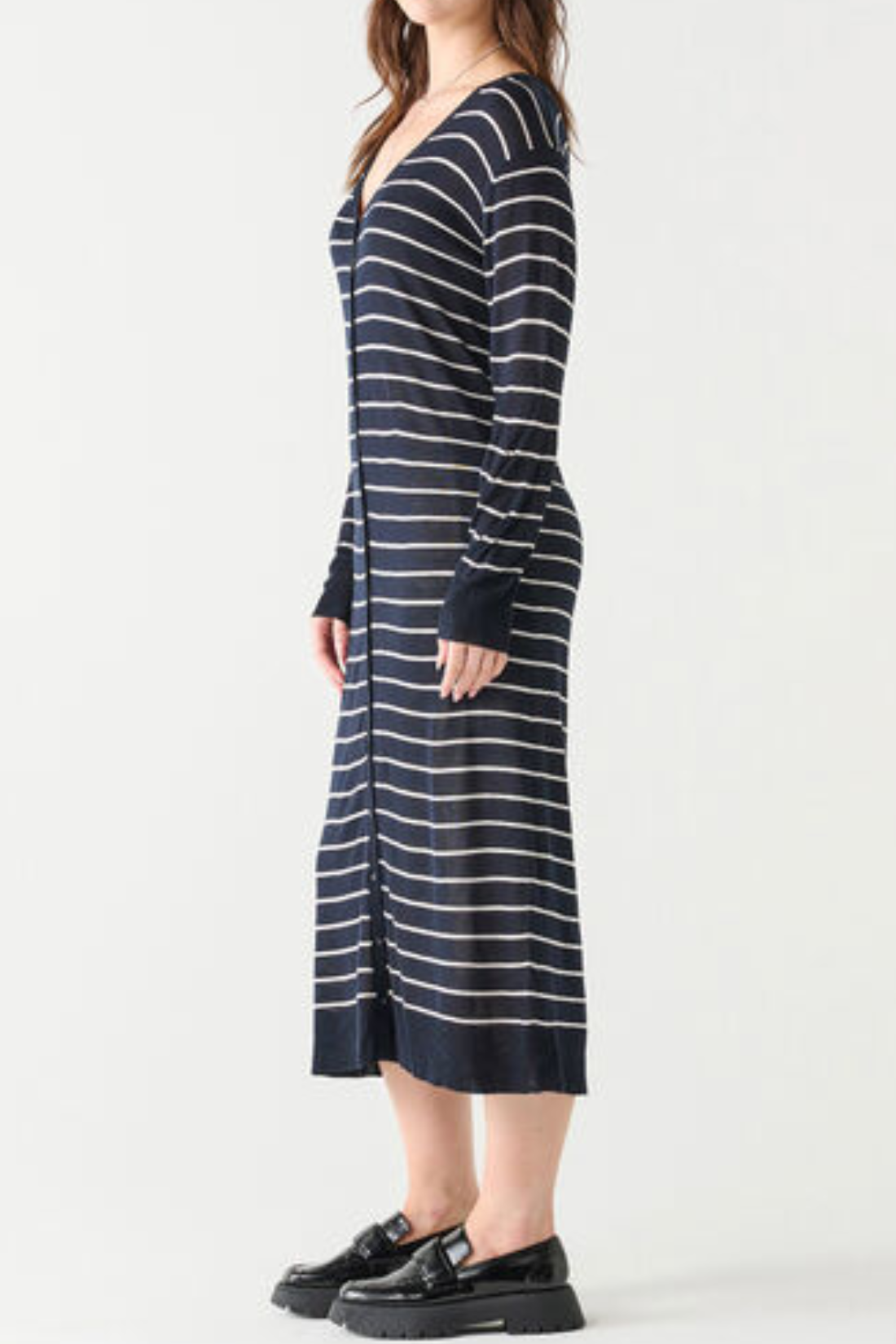 Navy/White Stripe Long Sleeve Button Front Knit Dress