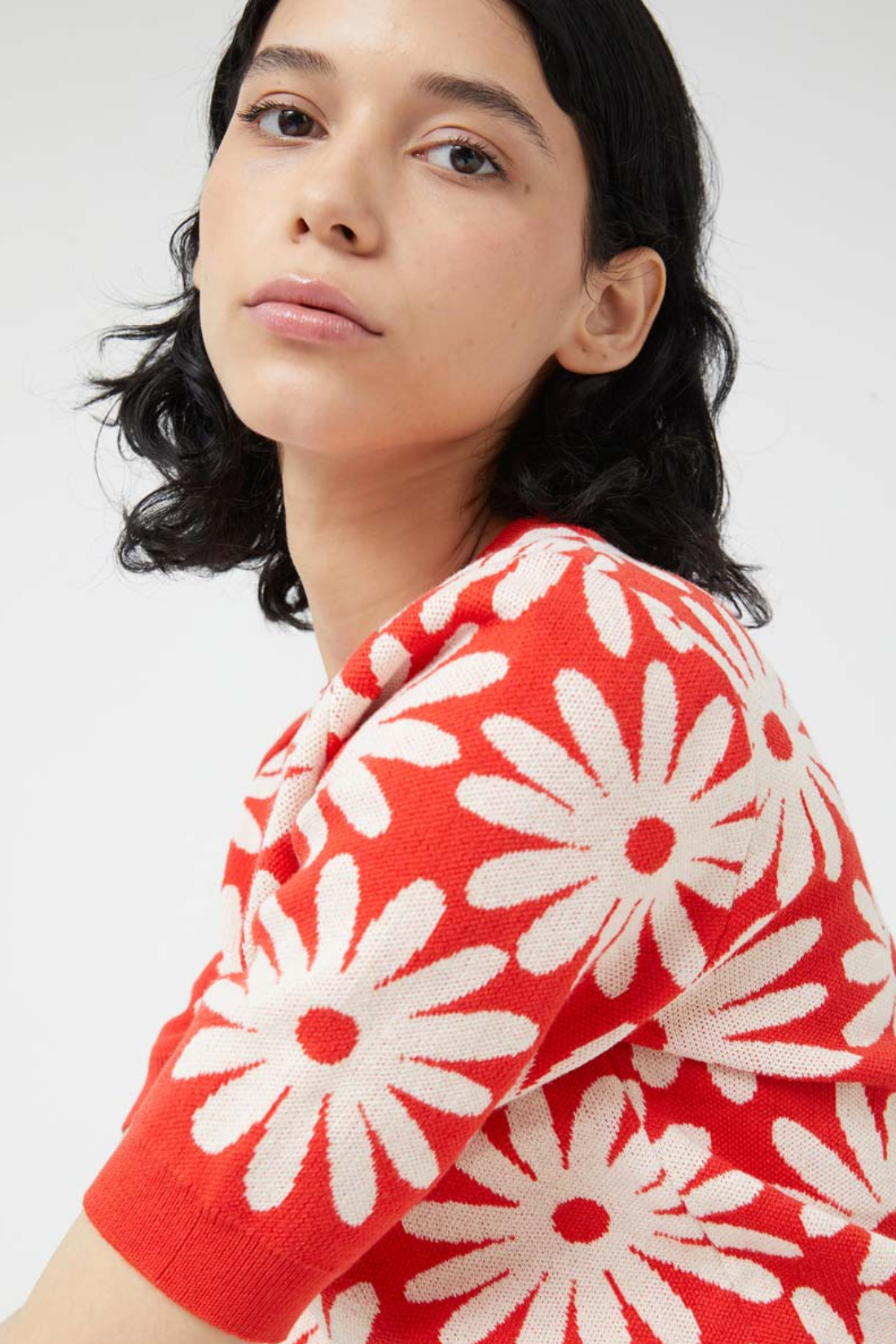 Red/White Daisy Print Knitted Sweater