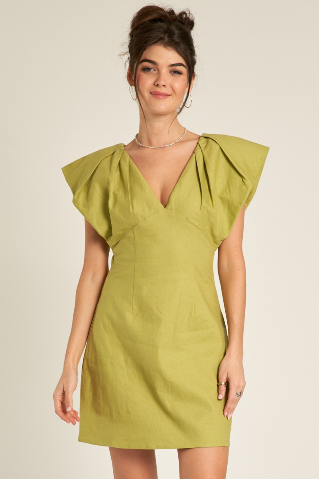 Lime V-Neck Short Sleeve Mini Dress