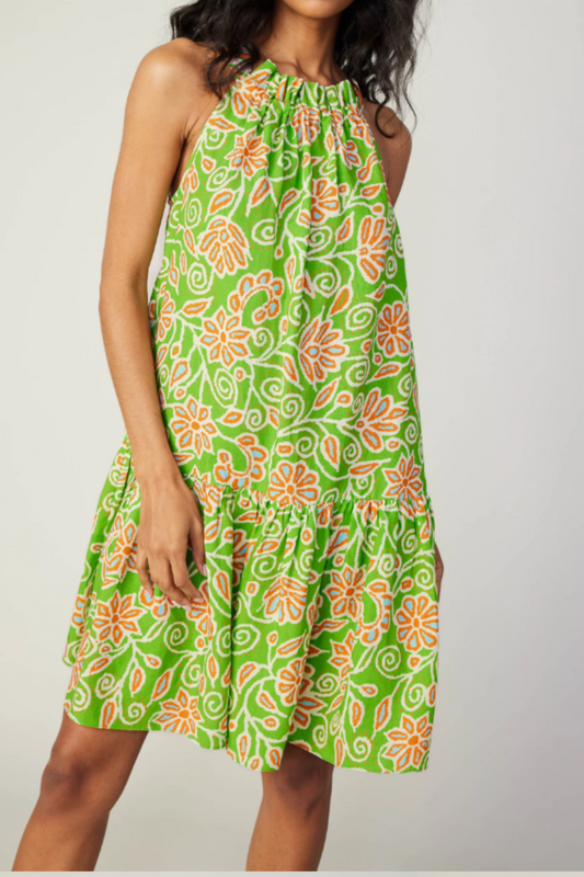 Green/Orange Multi Floral Print Sleeveless Halter Dress