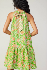Green/Orange Multi Floral Print Sleeveless Halter Dress