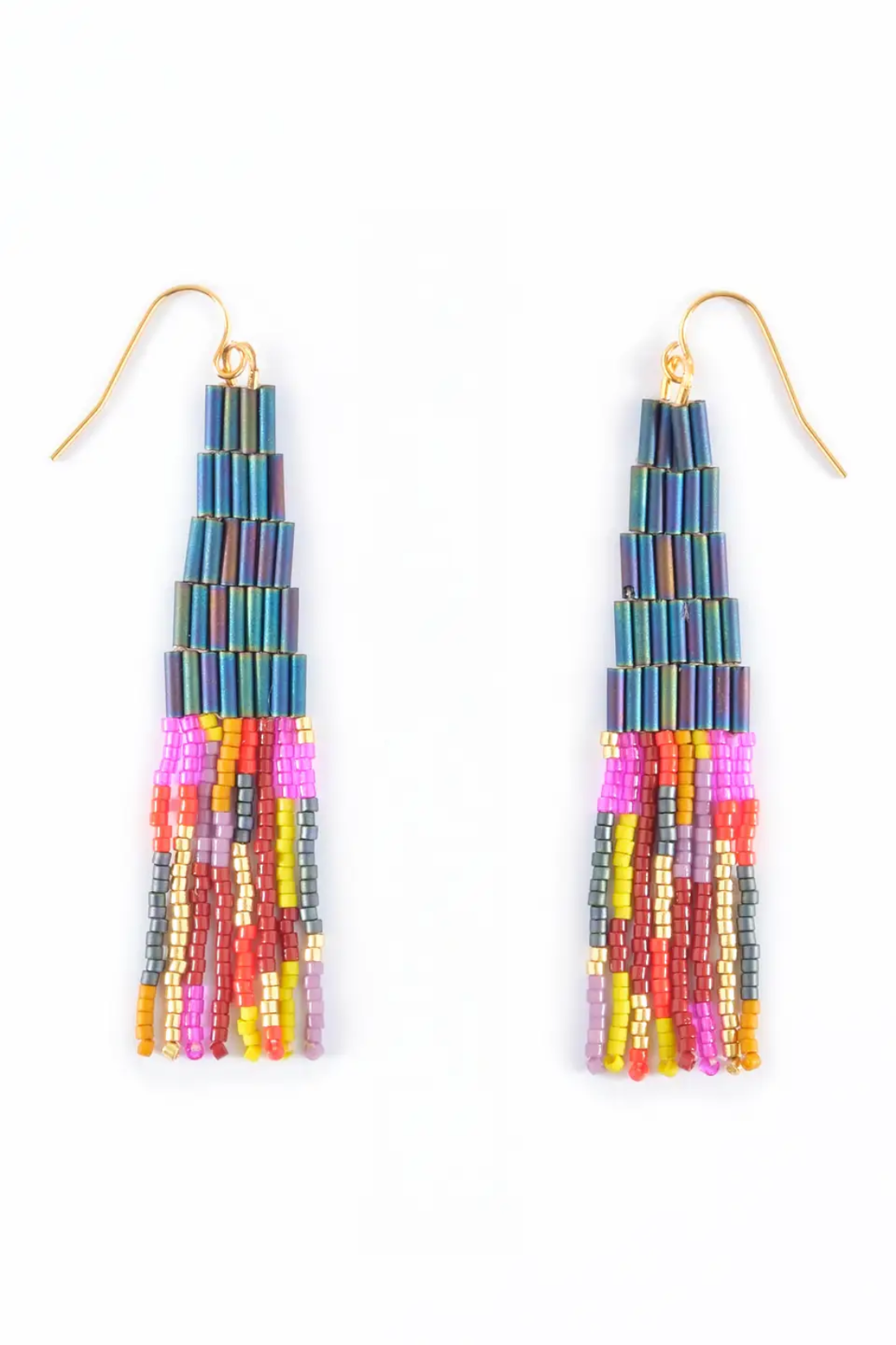 Teal Beaded Handwoven Abstract Fringe Earrings