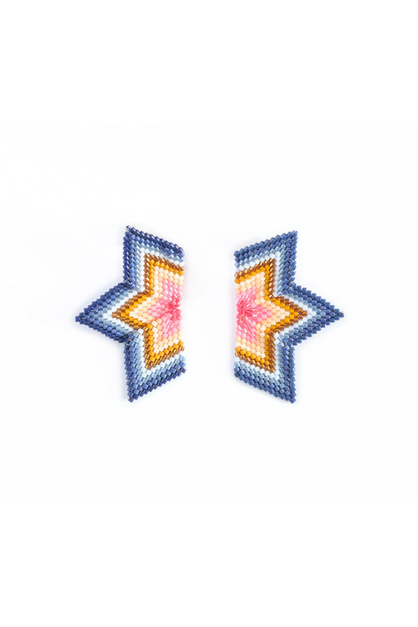 Blue/Pink Beaded Handwoven Medium Half Star Earrings