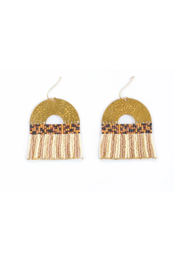Tan/Cream Beaded Handwoven Striped Fringe Earrings