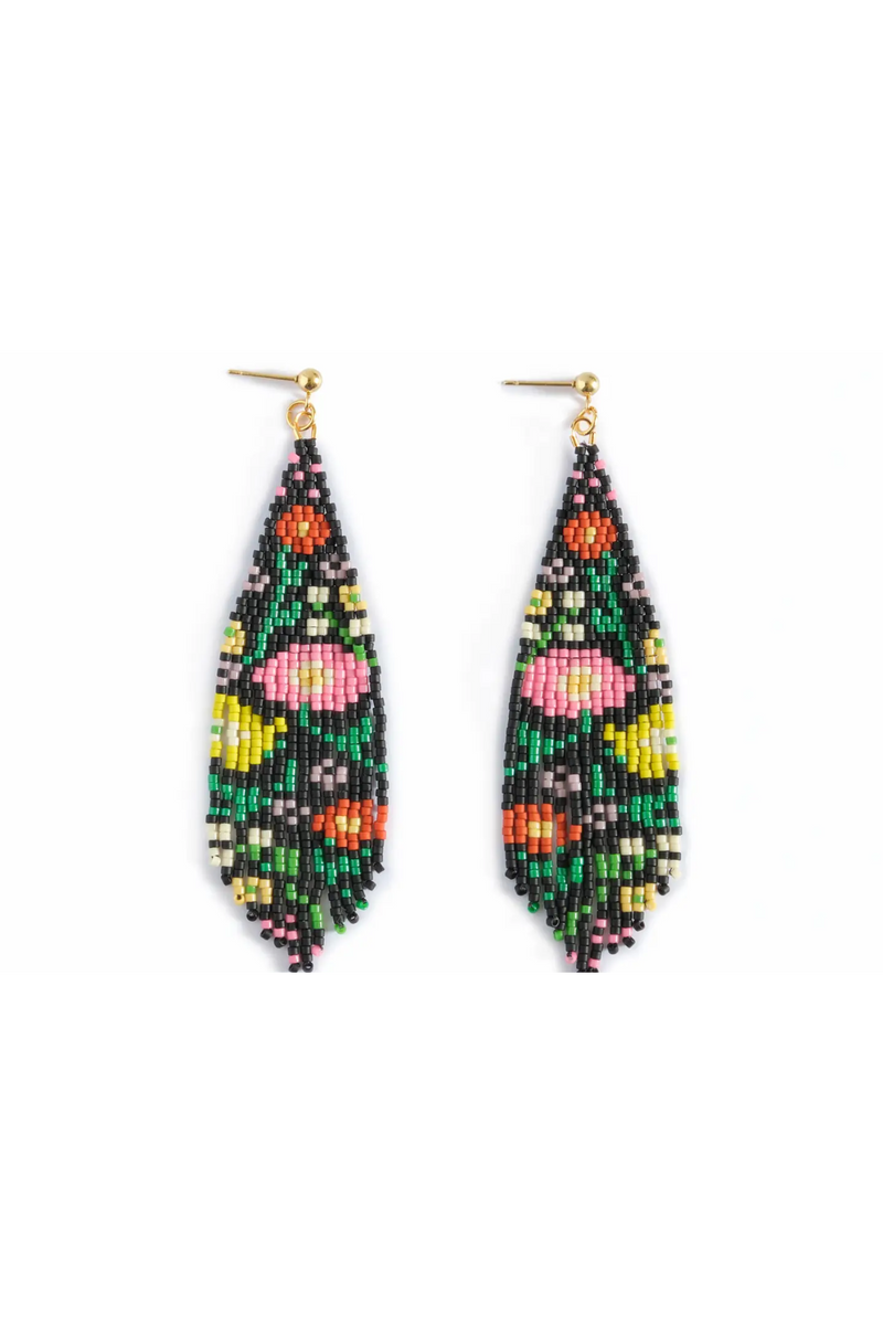 Black Beaded Handwoven Wildflower Fringe Earrings