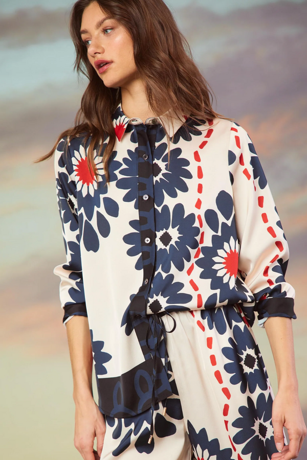 Ivory/Navy Print Long Sleeve Btton Front Top