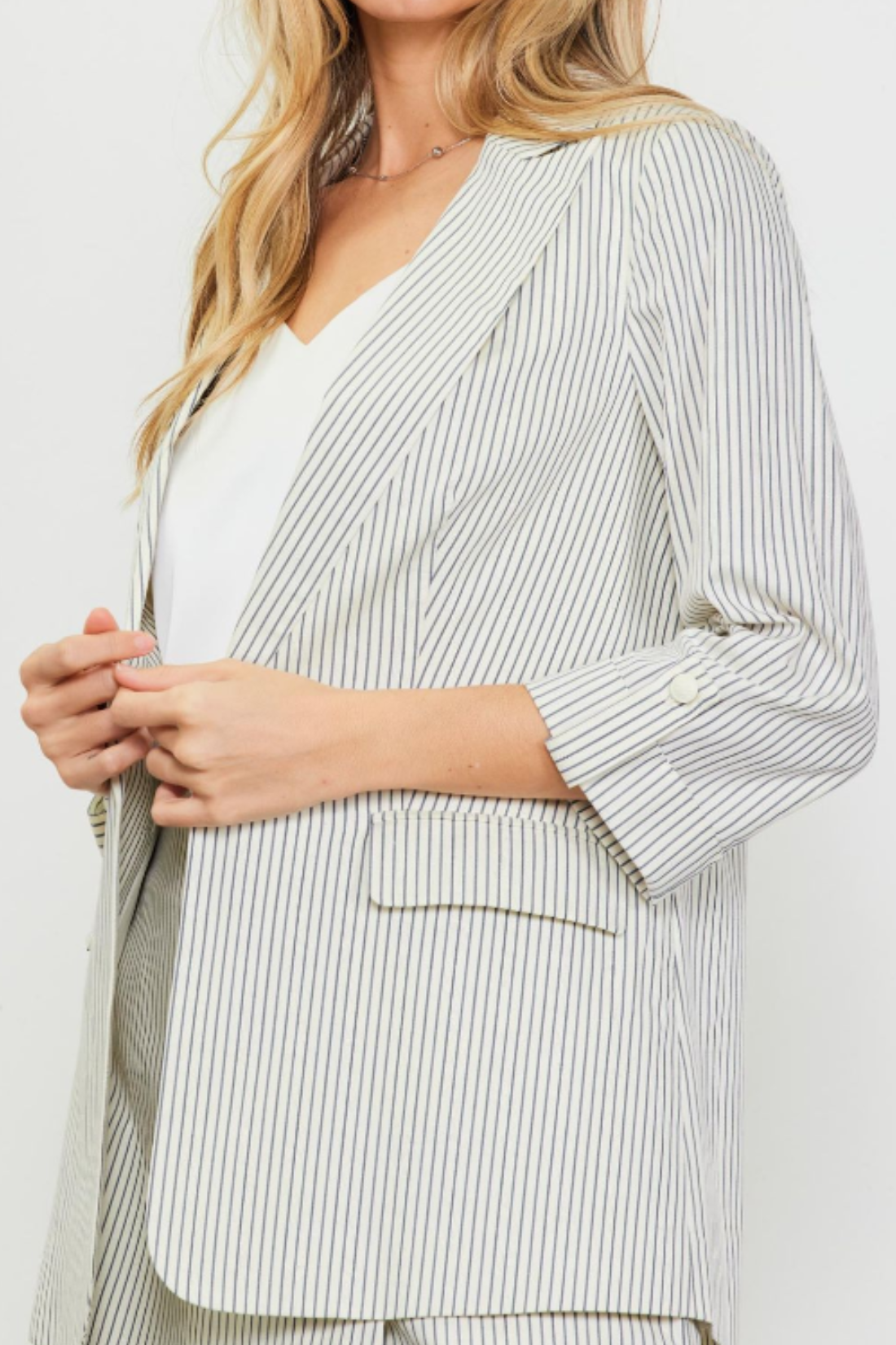 Navy/Ivory Pinstripe Rolled Sleeve Blazer