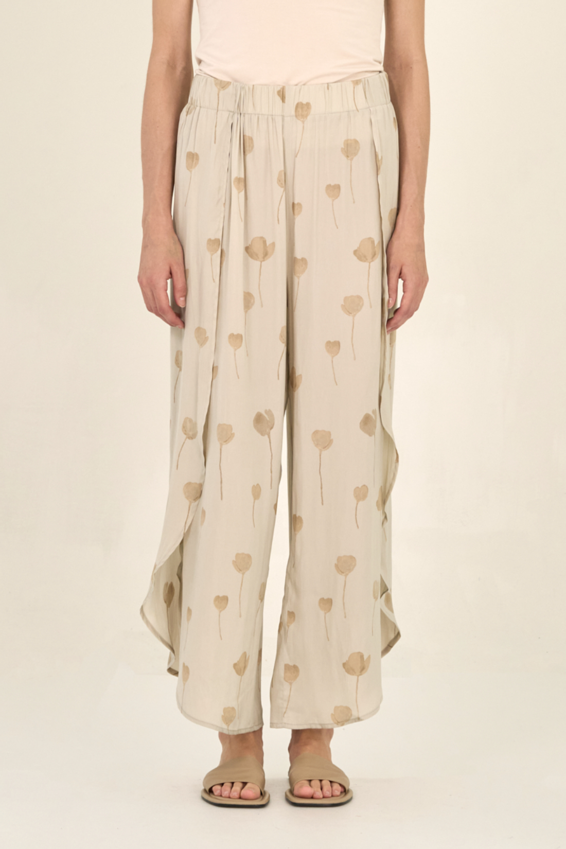 Satin Floral Side Wrap Wide Pant