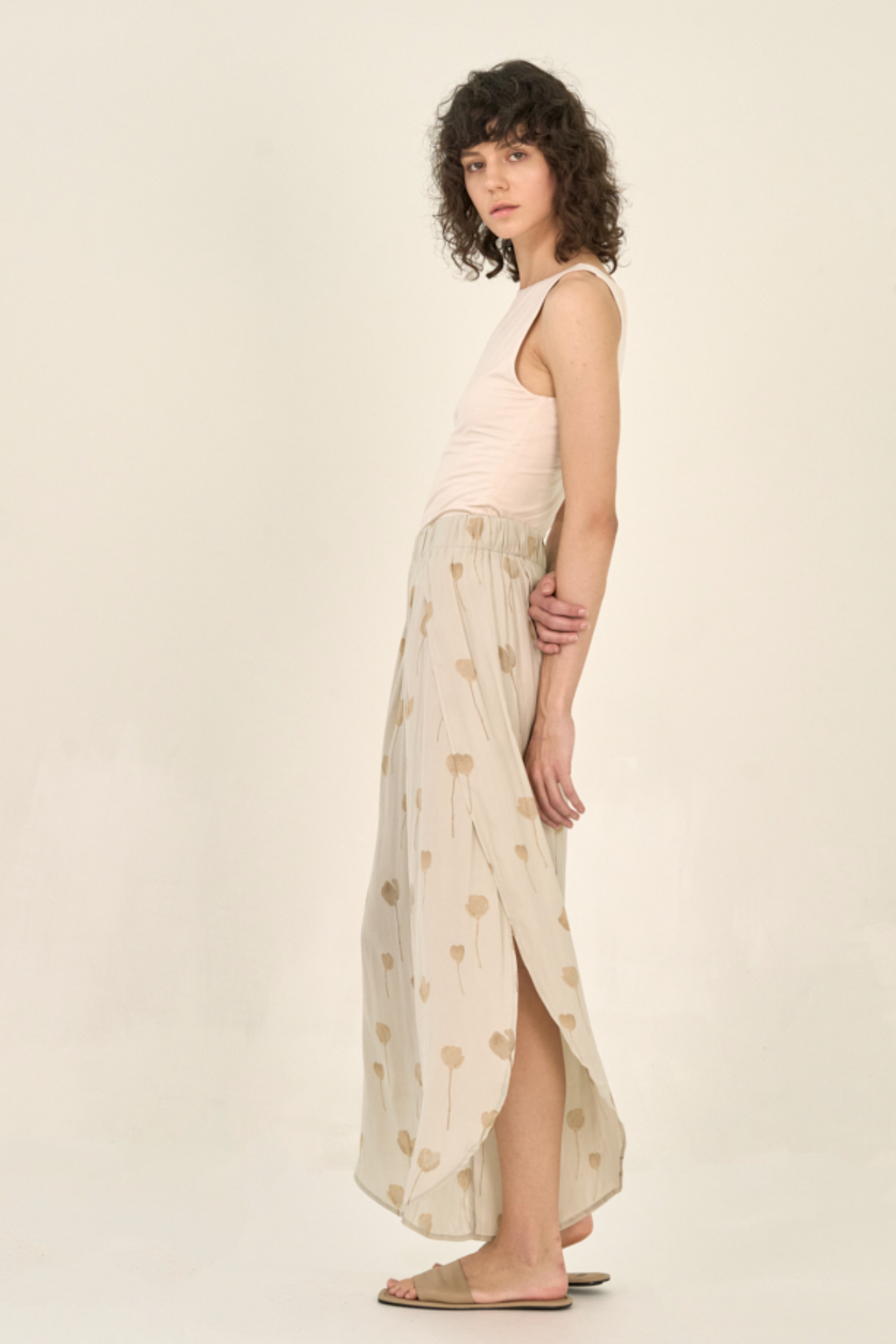 Satin Floral Side Wrap Wide Pant