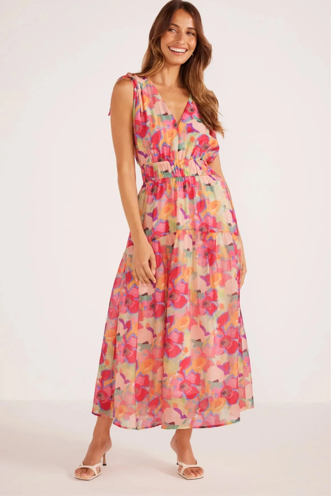 Bright Floral Feyano Tiered Midi Dress