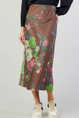 Mocha Floral Print Bias Elastic Waist Maxi Skirt