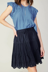 Dark Navy Tie Front Pleated Skirt with Embroidery Detail