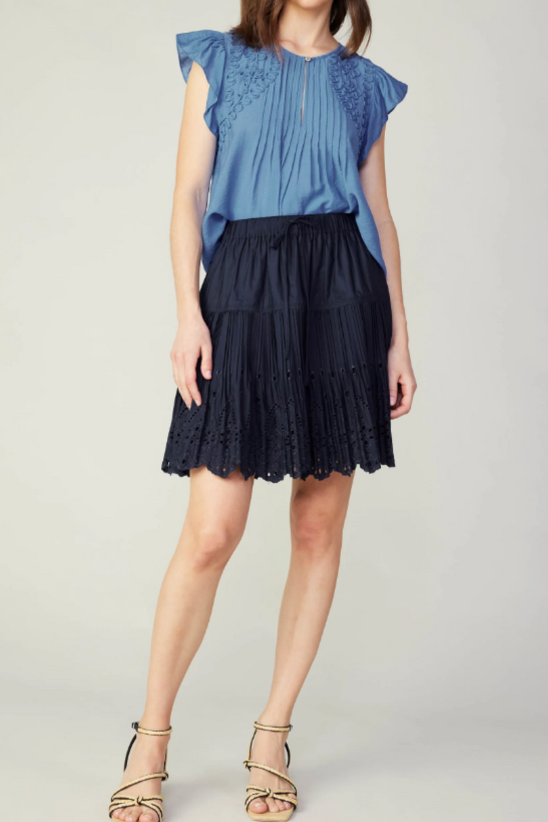 Dark Navy Tie Front Pleated Skirt with Embroidery Detail