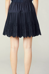 Dark Navy Tie Front Pleated Skirt with Embroidery Detail