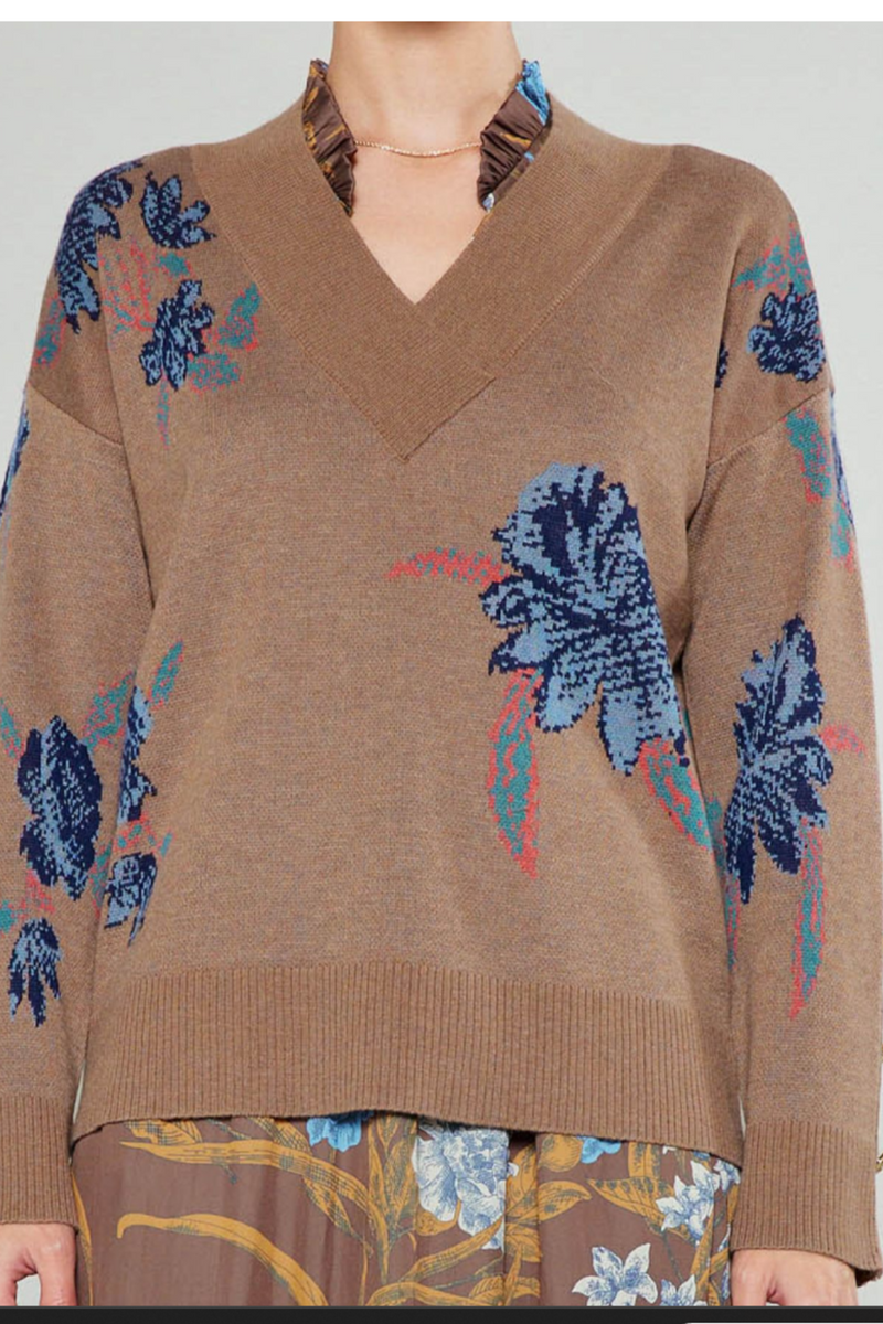 Brown Floral V-Neck Long Sleeve Sweater