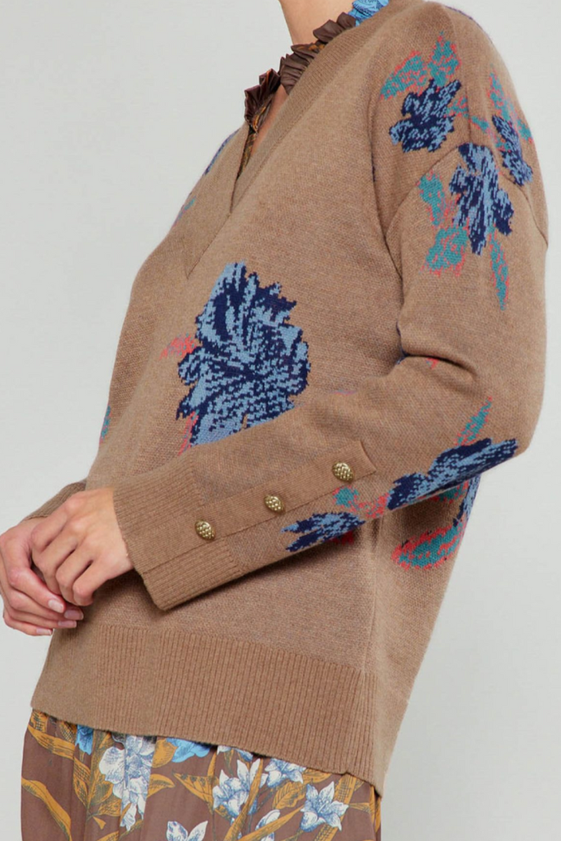 Brown Floral V-Neck Long Sleeve Sweater