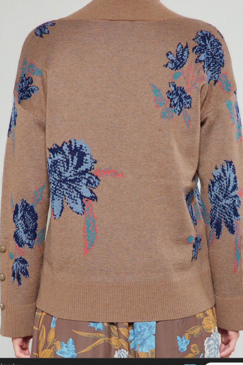 Brown Floral V-Neck Long Sleeve Sweater