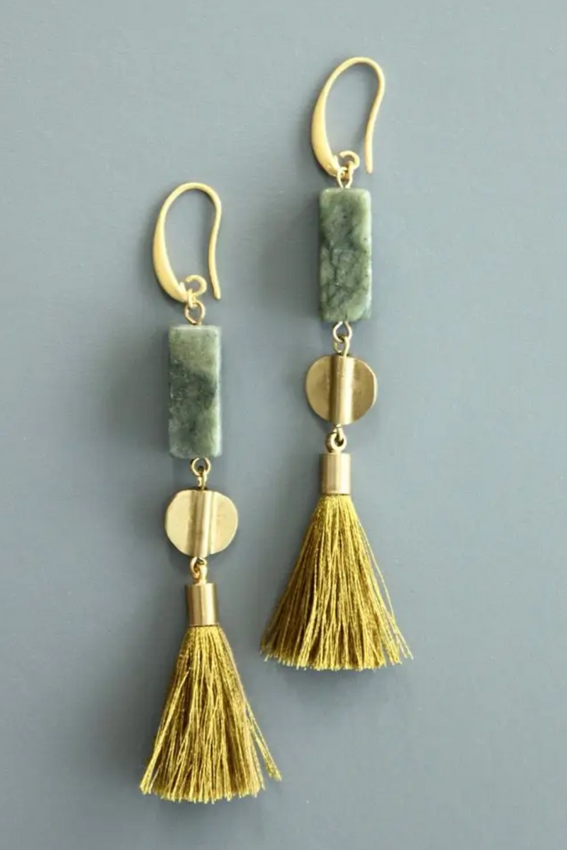 Jasper and Silk Tassel Earrings