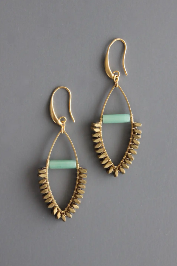 Jade And Gold Hematite Wire Wrapped Earrings