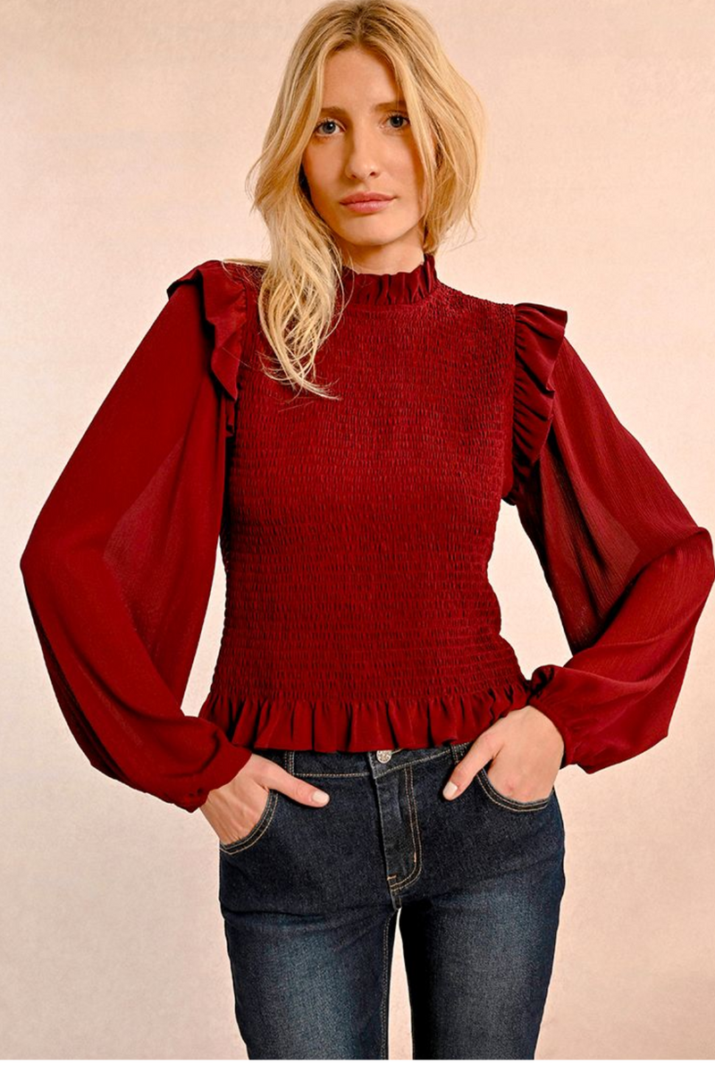 Dark Red Long Sleeve Ruffle Top