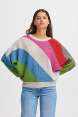 Multi Color Diagonal Stripe Ihkamara Long Sleeve Sweater