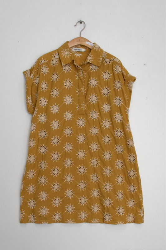 Mustard Short Sleeve Embroidered Dress