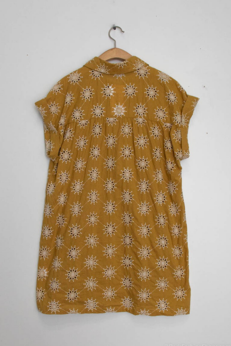 Mustard Short Sleeve Embroidered Dress