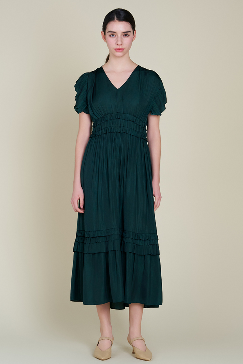 Deep Emerald Ruffled Satin V-Neck Dress