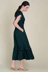 Deep Emerald Ruffled Satin V-Neck Dress