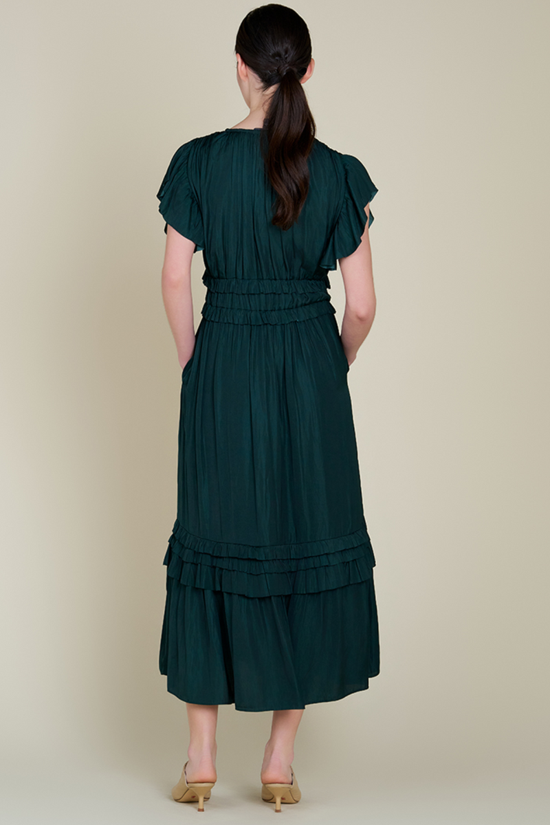 Deep Emerald Ruffled Satin V-Neck Dress