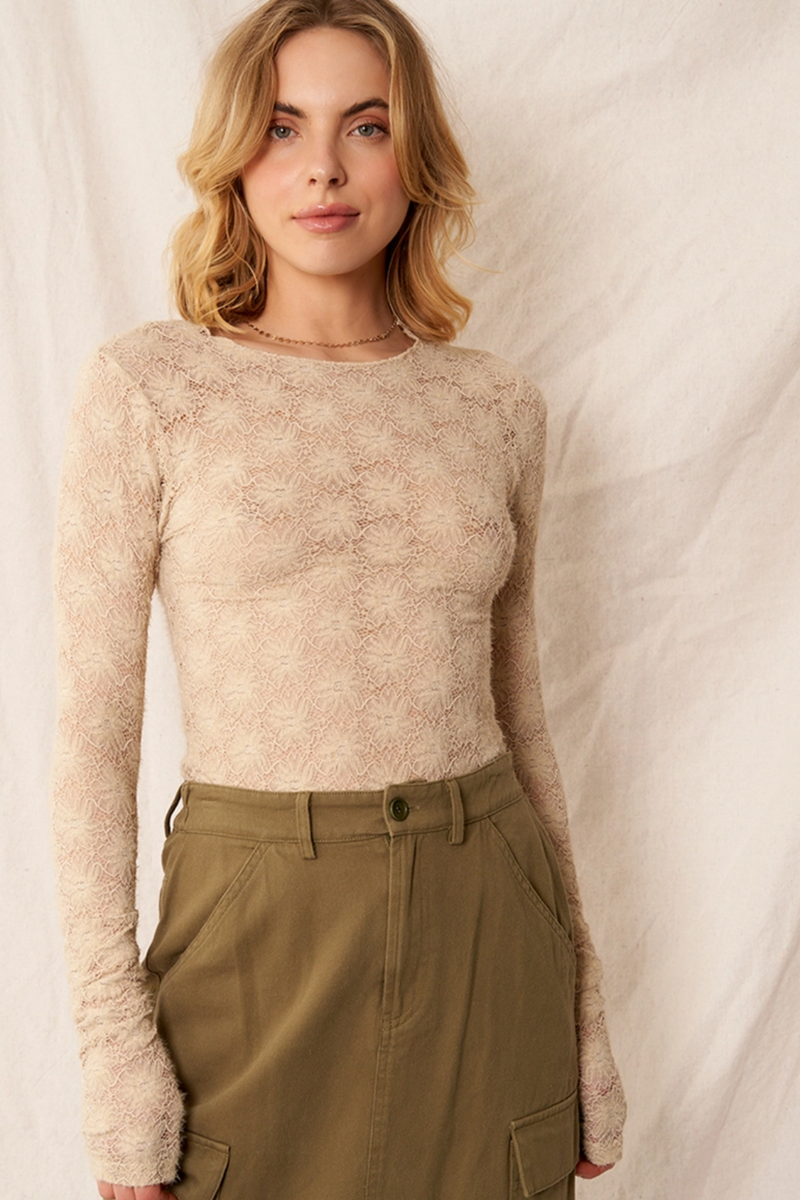 Beige Floral Lace Long Sleeve