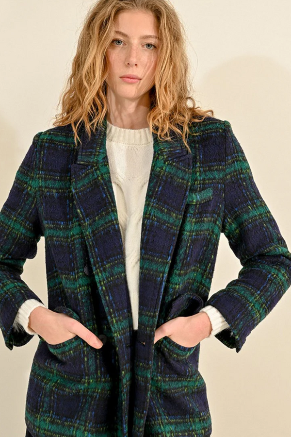 Navy/Green Plaid Double Breasted Coat