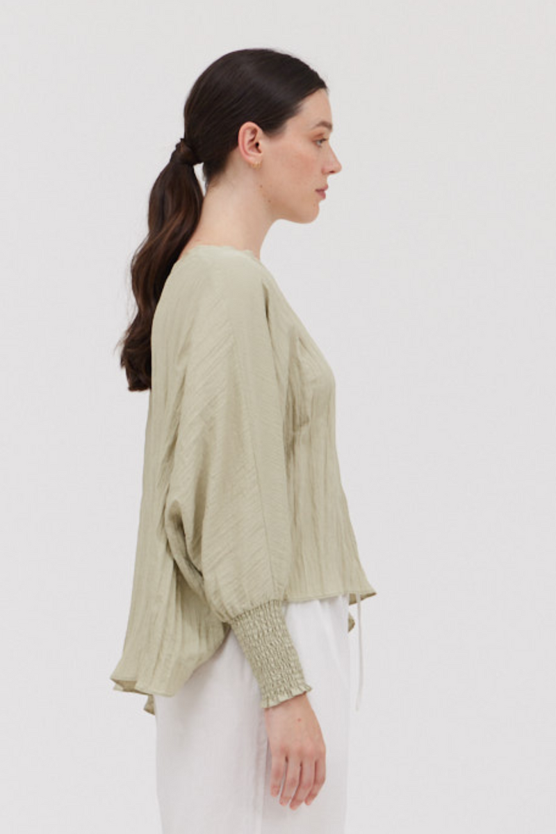 Sage Smocked Cuff Boxy Top