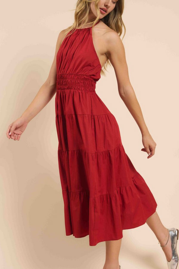 Poppy Red Brielle Tired Halter Dress with Flower Detail